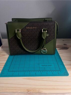 Michael Kors Brown MK Logo Satchel with Green Trim